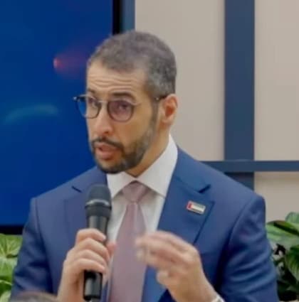 A speaker addressing the Goals House panel on the AI-water-energy nexus.